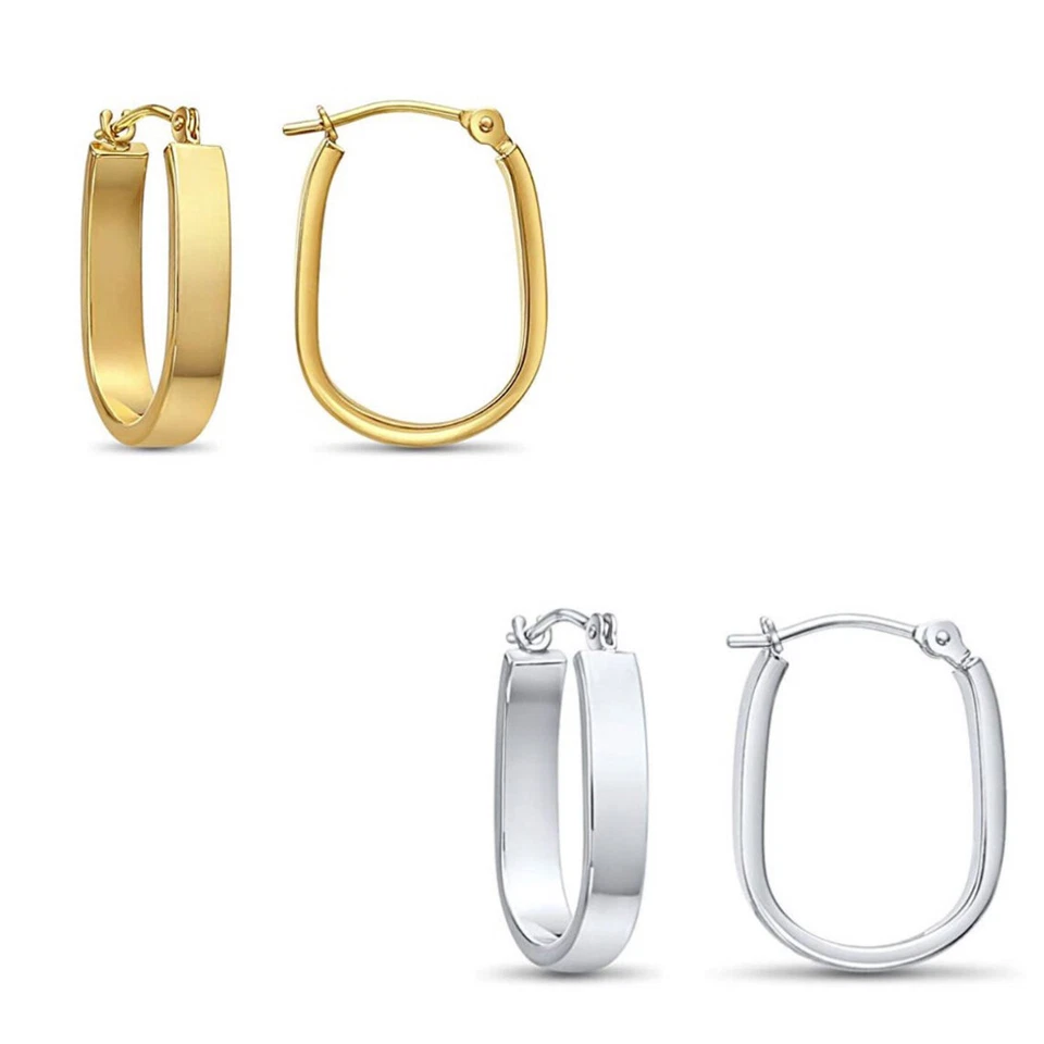 14K Real Solid Gold Shiny Polished Flat Round Tube Oval U-Shape Hoop Earrings - Image 3 of 4