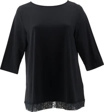 Denim& Co Jersey Boatneck 3/4 Slv Lace Hem Tunic Black L NWOT (874)