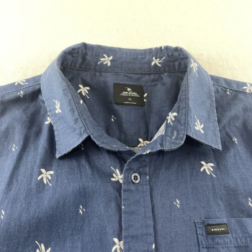 Rip Curl Short Sleeve Shirt Men Size Large Blue Palm Trees Casual Dress - Picture 3 of 10
