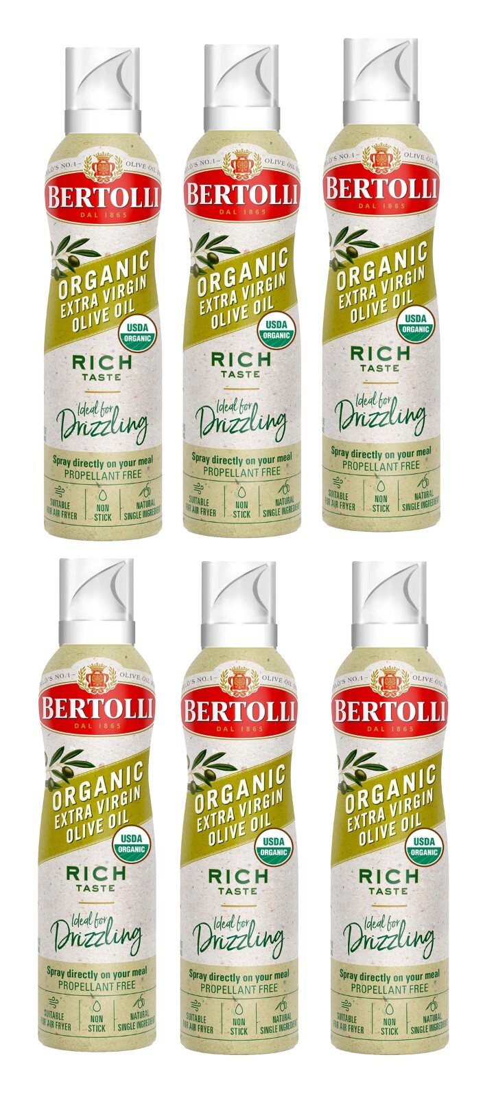 Spray Aceite de Oliva Virgen Extra Orgánico Bertolli, Paquete de 6, 4,9 OZ - Certificado USDA