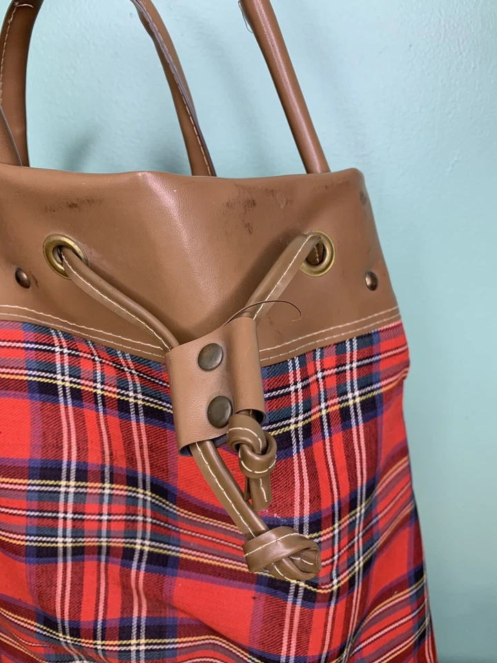 Bolso de Mano Vintage Sonsco Japón Rojo a Cuadros con Cordón con Borde Marrón y Asas Foto 2 de 4