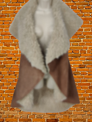 WOMENS QED LONDON GILET SIZE UK M/L BEIGE FAUX SUEDE FUR BODYWARMER JACKET COAT