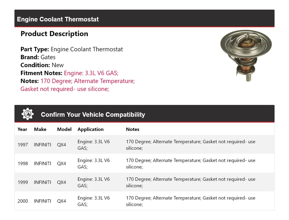 Termostato de refrigerante de motor V6 3,3 L Infiniti QX4 1997-2000 1998 1999 Foto 2 de 4