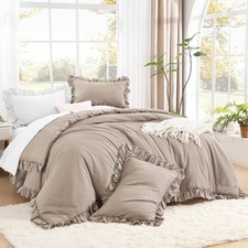 Litanika Light Coffee Full Comforter Set 3 Pcs Farmhouse Bedding Microfiber Ruff