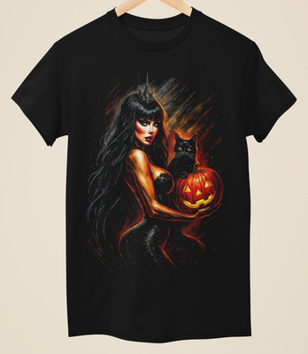 Inspired by Elvira Mistress of the Dark   Cat Pumpkin Halloween T-Shirt (H0-041)