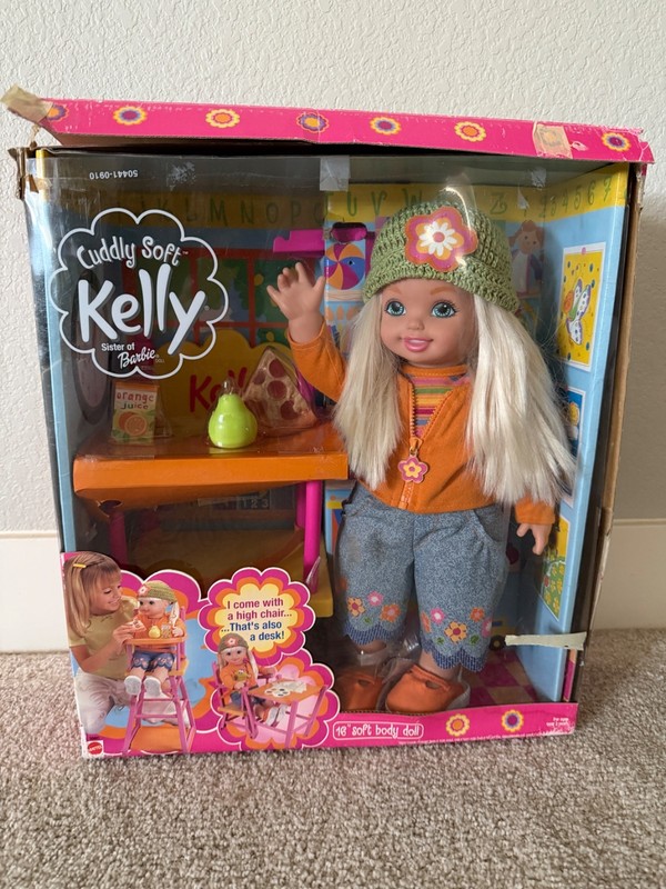 OPEN BOX - 2001 Cuddly Soft Kelly 16” Doll, Highchair and Desk with Play Food