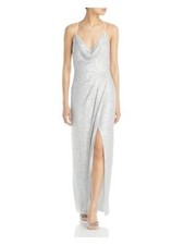 AIDAN AIDAN MATTOX Womens Silver High Slit Lined Column Spaghetti Strap Dress 2