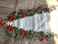 Christmas Poinsettia Table Runner White Satin Embroidered Holiday Centerpiece