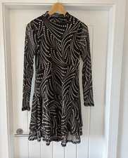 Mint Velvet Black & Beige Polka Dot Sheer Mesh Fit & Flare Hight Neck 10