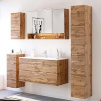 BadezimmermöBel Kombination Wotaneiche Hochschrank Led-Spiegelschrank Waschtisch