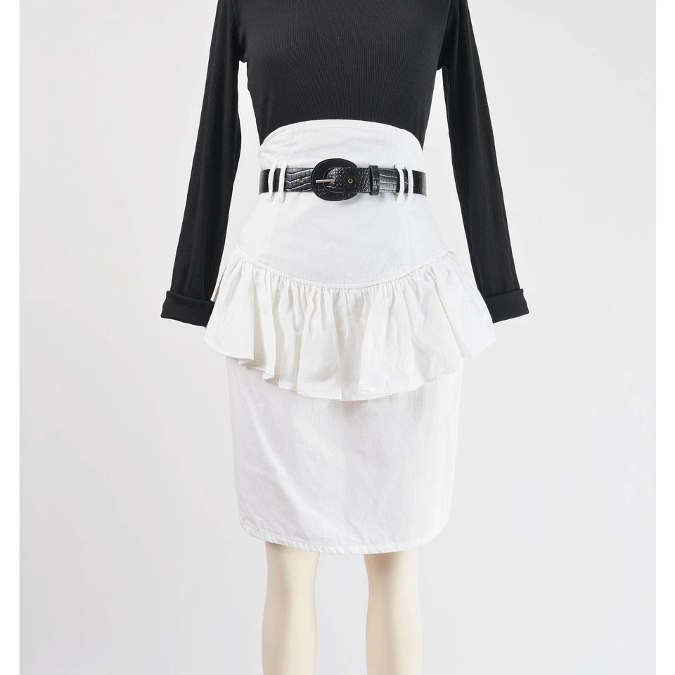 Falda Lápiz Vintage Años 80 Algodón Blanco Fredericks of Hollywood Volantes Peplum S Foto 2 de 4