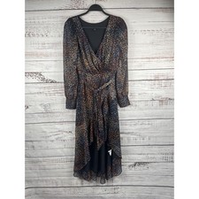 Express Dress Women's Small Black Print Wrap V Neck Long Sleeve Midi Dressy