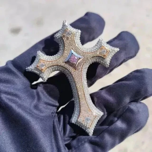 FINE 14k Tow Tone Gold Plated Men's 3Ct Round Cut Moissanite Cross Charm Pendant - Image 3 of 4