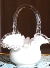 ? Fenton Silver Crest Milk Glass Basket Ruffled Edge & Clear Handle