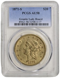 1871 S US Gold $20 Liberty Head Double Eagle PCGS AU 58 Granite Lady Hoard