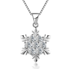 Women Sterling Silver Plated CZ Snowflake Pendant 18" Chain Necklace Gift Box