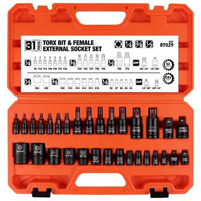 HORUSDY Torx Star Female External Socket Bit Set 1/4" 3/8" 1/2" 31pc Adapter and Reducer
