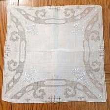 Vintage Linen Embroidered Handkerchief Floral Basket New 12 in