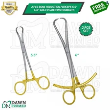2 Pcs Bone Reduction Forceps 5.5" & 8" Curved Pointed Tip Gold Plated Instrument