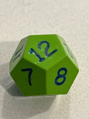 Older vintage Gamescience d12 lime green w/ fresh blue rpg ad&d dice 120723@