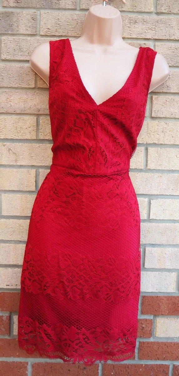 NEXT RED BURGUNDY LACE V NECK COTTON LACE BODYCON PARTY SLEEVELESS