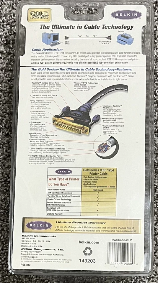 BELKIN IEEE 1284 PRINTER CABLE 6’ FOOT GOLD-SERIES F2A046-06-GLD SEALED NEW - Image 2 of 2
