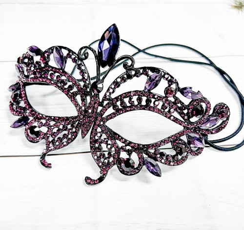 Purple Crystal Masquerade Mask, Masquerade Wedding Mask, Black Mask, Prom Mask - Picture 2 of 7
