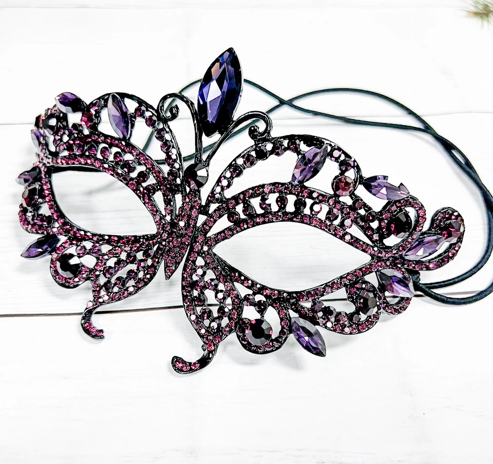Purple Crystal Masquerade Mask, Masquerade Wedding Mask, Black Mask, Prom Mask - Image 2 of 4