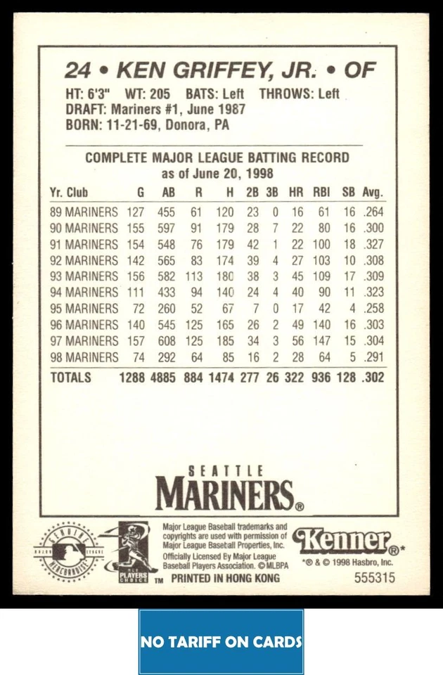 1998 STARTING LINEUP CARD Ken Griffey Jr. Seattle Mariners #24 - Image 2 of 2