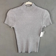 Nine West Women's Ribbed Knit Mock Neck Short Sleeve Top Gray Size S NWT