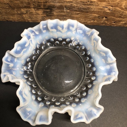 Fenton Candy Dish White Opalescent Glass Ruffled Hobnail Vintage Handmade 6” - Picture 5 of 5