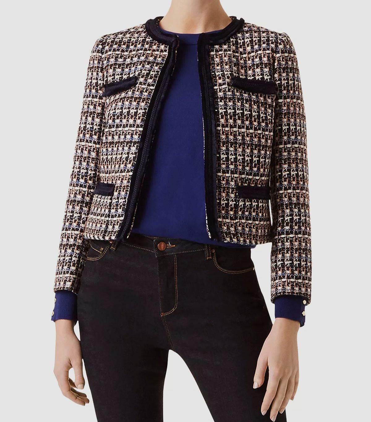 Hobbs London Women's Blue Tweed Fringe Trim Open-Front Ayla Jacket Size 4