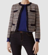 Hobbs London Women's Blue Tweed Fringe Trim Open-Front Ayla Jacket Size 4
