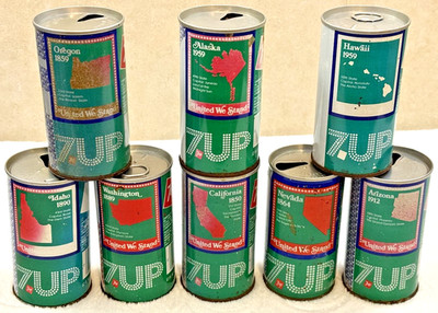 70's 7 Up- The UnCola -Lemon Lime   -(8) States-12oz-(8) Steel Soda-Pop Cans