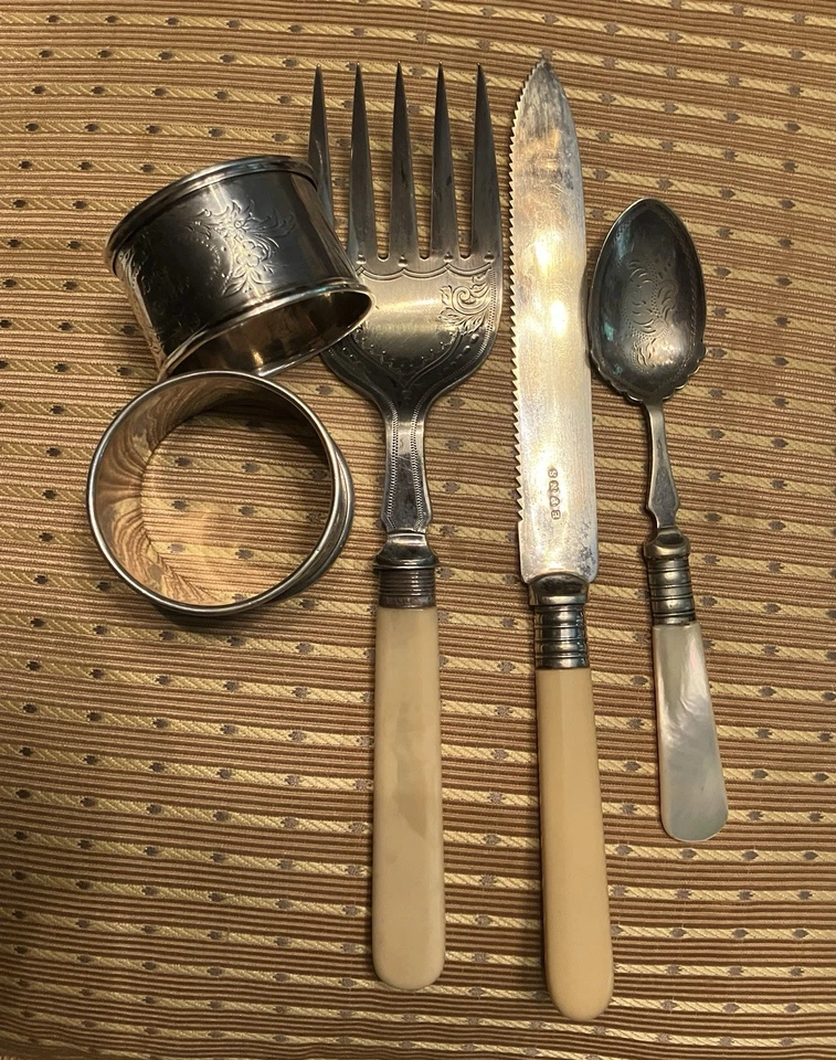 Versilbertes Besteck Set und Zwei Serviettenringe Wohl England Art Deco Vintage - Bild 2 von 4