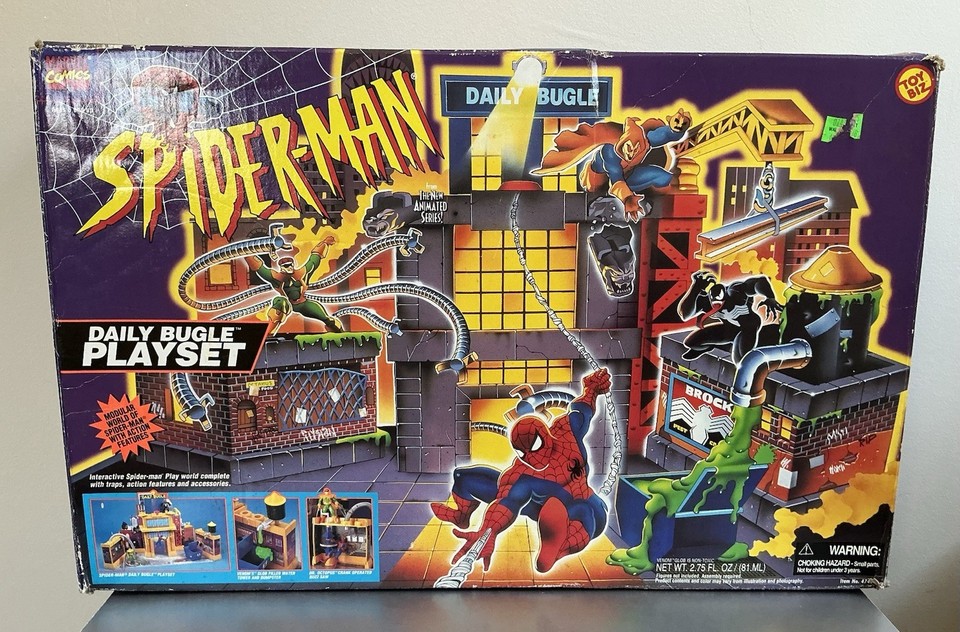 The 1995 Toy Biz Spider-Man Daily Bugle playset complete with Kingpin and Vulture — a sealed-in-time piece of 90s Marvel magic.