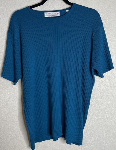 Karen Scott Womens 1X Teal Ribbed Sweater Top Merino Wool Blend Preppy Career - Picture 1 of 8