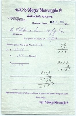 1905 C.S. Morey Mercantile Co. Denver Wholesale Grocers Bill