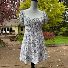 LA Hearts Womens M Floral Puff Sleeve Ruched Milkmaid Mini Dress White Blue