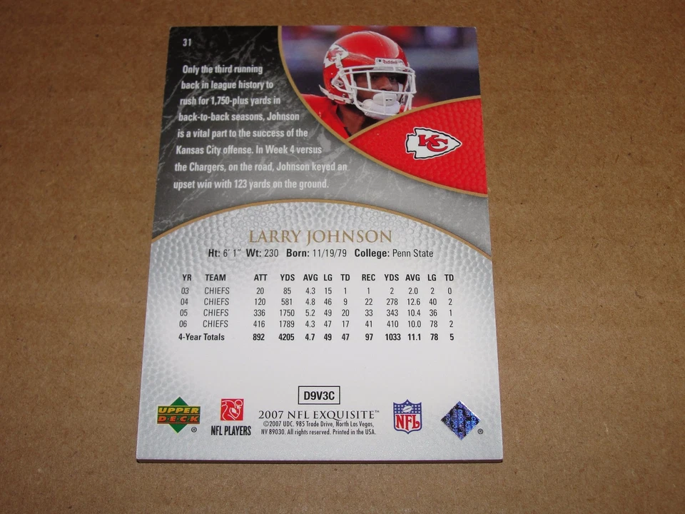 2007 Exquisite LARRY JOHNSON #31 Premium Base/150 Kansas City CHIEFS Penn State - Image 2 of 2