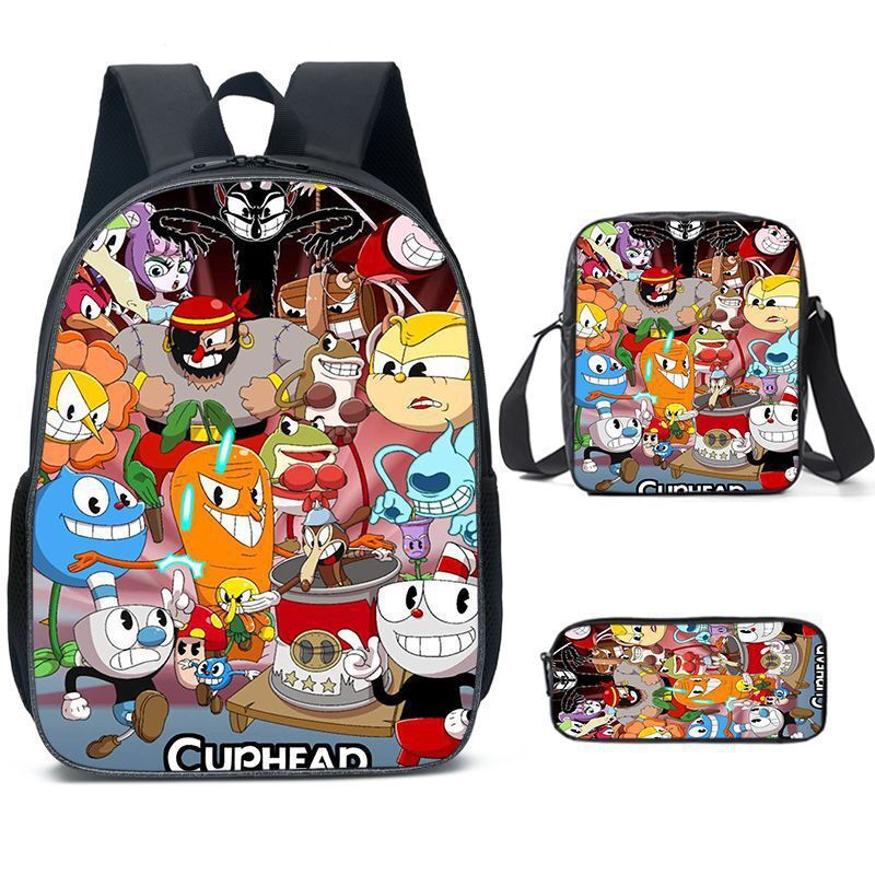 Juego de 3 piezas de mochila para libros escolares Cuphead Mugman con bolso de hombro estuche lápiz