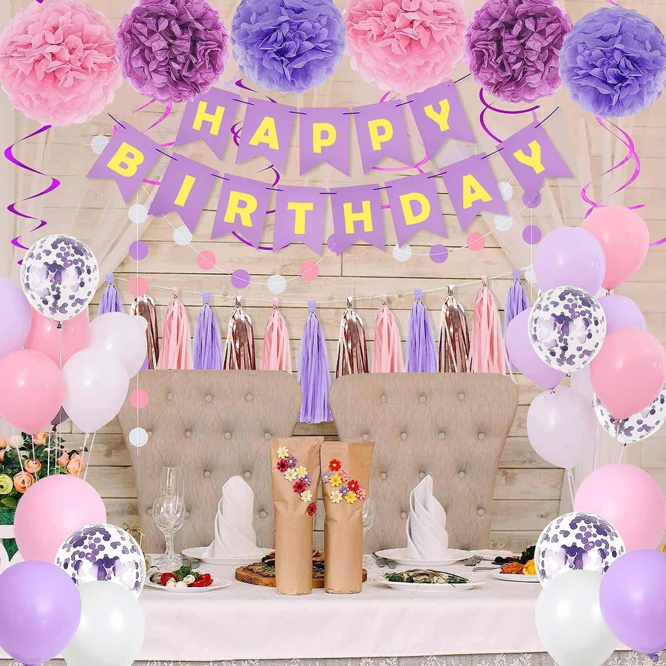 Purple Pink Party Decorations for Women Girls with Happy Birthday Banner - Image 4 of 4