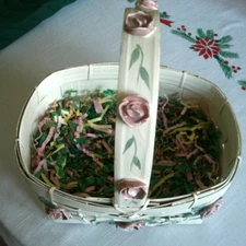 Used Woven Wicker Basket/Tan with Pink Roses and Painted Green Leaves