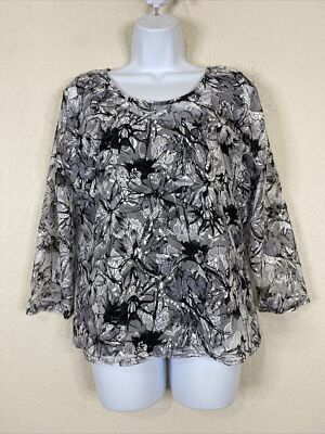 Peck & Peck Womens Size L Blk/Wht Floral Lace Layered Blouse 3/4 Sleeve Stretch