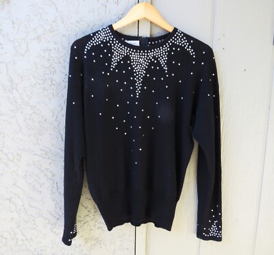 Vintage Antonella Preve Sweater Sz M Black Rhinestones 1/4 Zip Long Sleeve