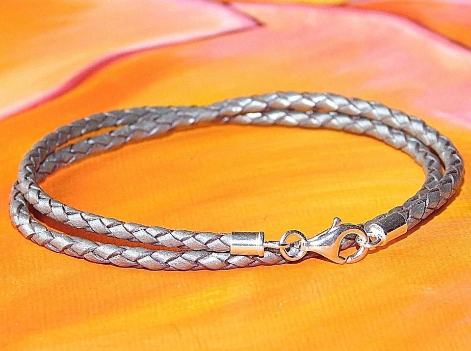 Da Uomo/ Donna 3mm Argento Pelle & Argento Sterling Braccialetto By - Immagine 2 di 3