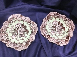 SPODE ARCHIVE BRITISH FLOWER POPPY fancy square PLATES mint brown NEW set of 2!