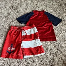 J Khaki Red White Blue Swim Trunks And Shirt Stripes And Anchor Boys Size Small