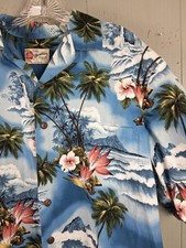 Hilo Hattie The Hawaiian Shirt Mens L Blue Palm Trees Hawaii Beach Crisp Vintage