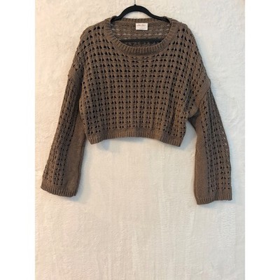 Allie Rose Taupe Brown Open Knit Crochet Cropped Sweater Large ATS8137